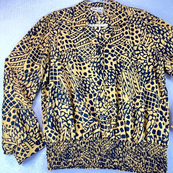 NWOT Vintage JUDY BOND Womens 14 Animal Print Smocked Waist Button V-Neck Blouse - Picture 1 of 9